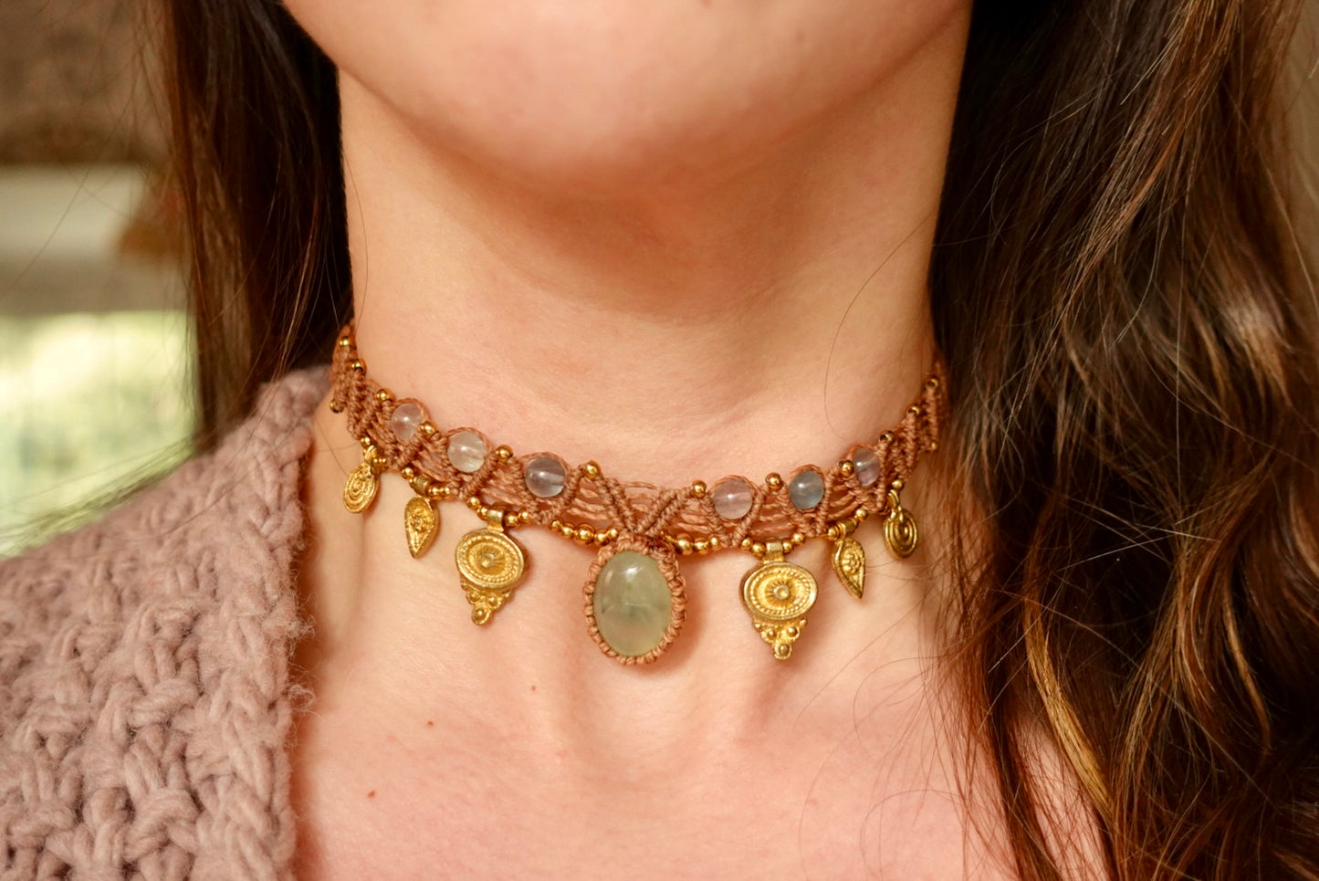 Collar Pipa Prehnita + Fluorita
